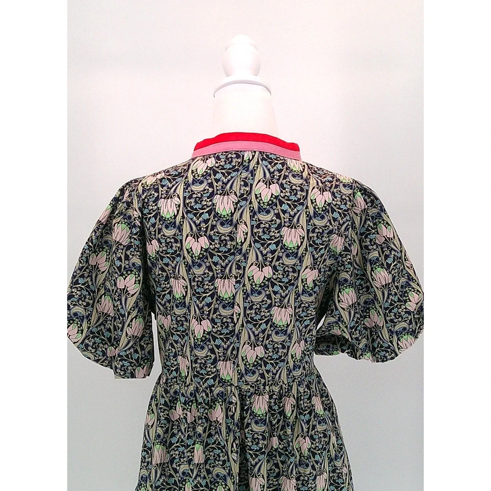 Women's Floral Print Midi Dress Sz M Voy Puff Sleeve Boho Chic Navy Pink Casual - Picture 7 of 11